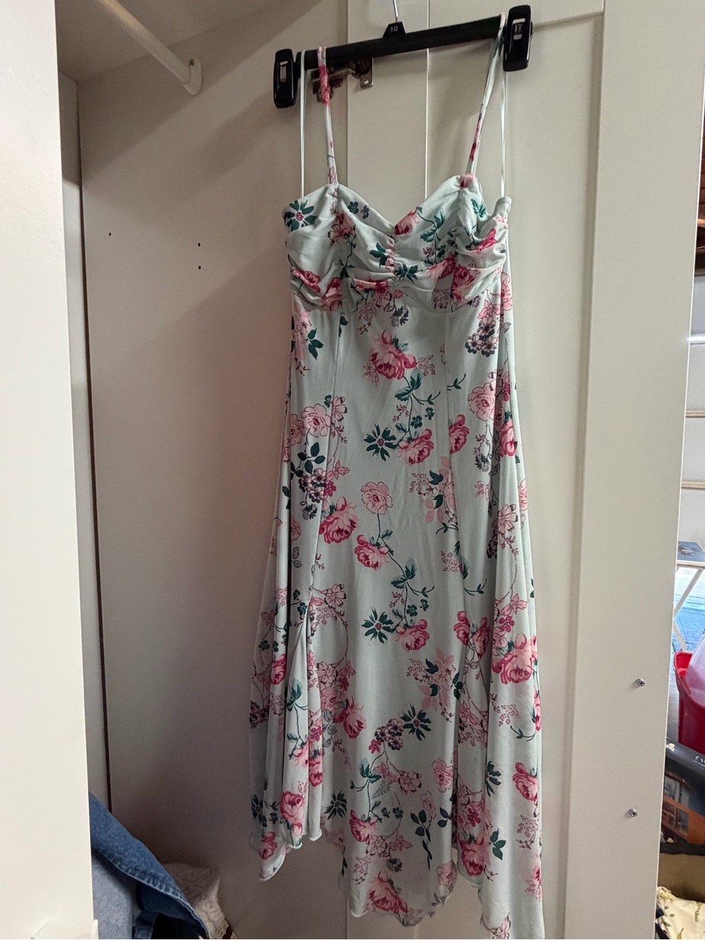 Floral Spaghetti Strap Midi Dress in Mint with Pink Roses